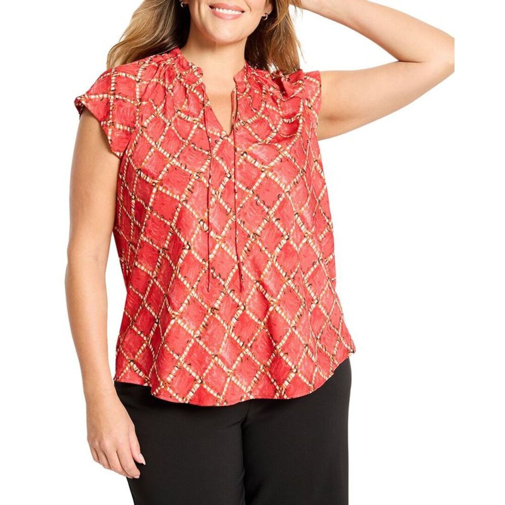 Nic+Zoe Womens  Plus Squiggle Check Cap Sleeve Top
